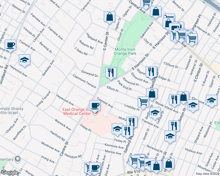 map of restaurants, bars, coffee shops, grocery stores, and more near 117 Elliot Place in East Orange