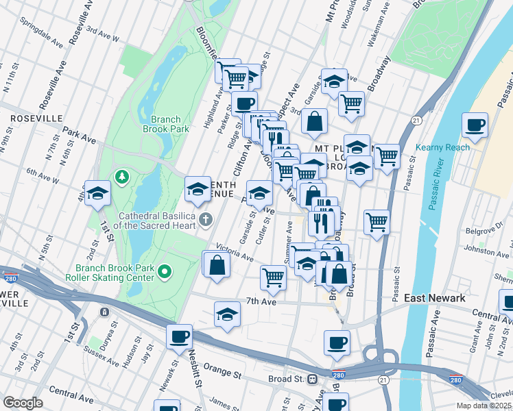 map of restaurants, bars, coffee shops, grocery stores, and more near 105 Cutler Street in Newark