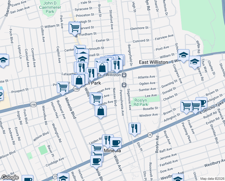 map of restaurants, bars, coffee shops, grocery stores, and more near 451 Nassau Boulevard in Williston Park