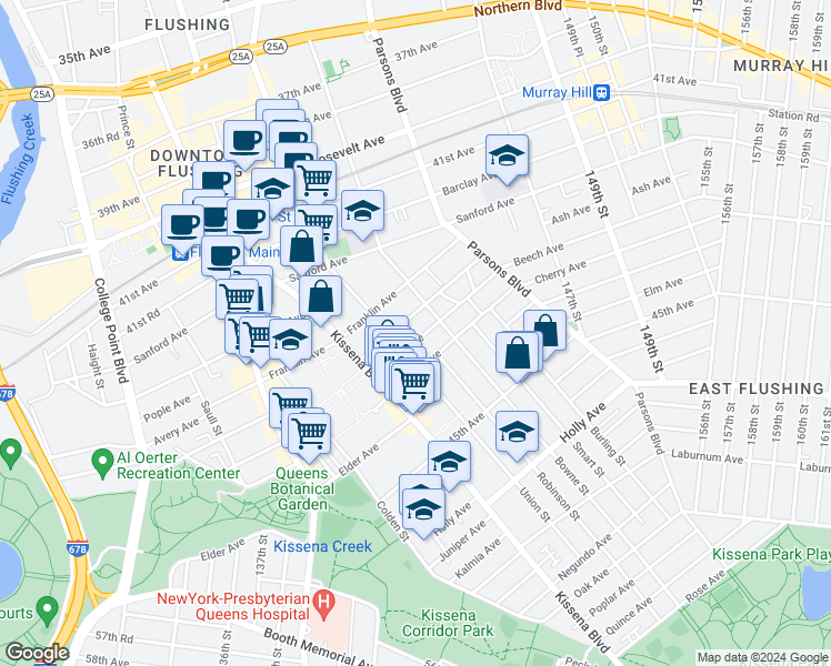 map of restaurants, bars, coffee shops, grocery stores, and more near 140-65 Beech Avenue in Queens
