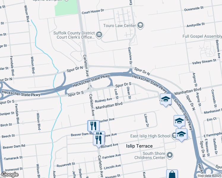 map of restaurants, bars, coffee shops, grocery stores, and more near 6 Bristol Street in Islip Terrace
