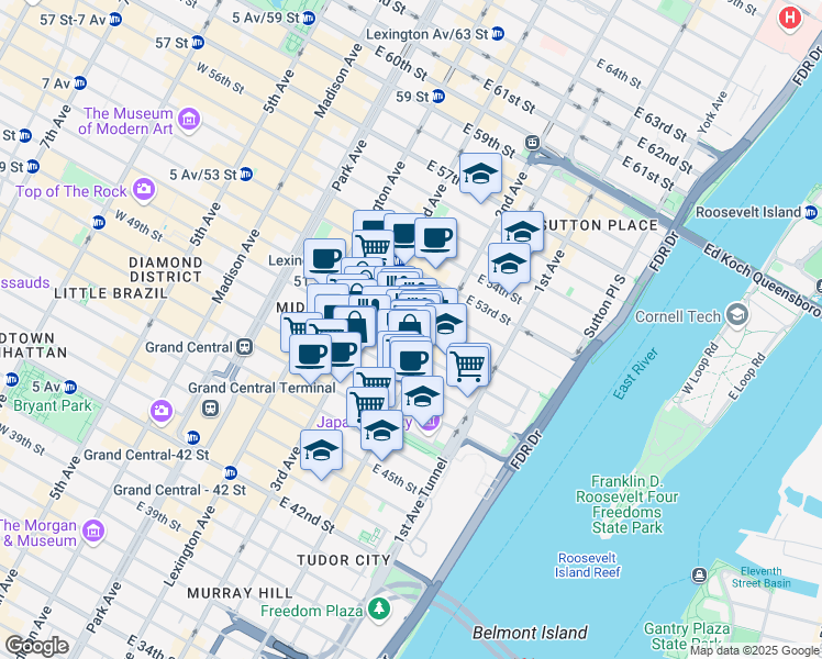 map of restaurants, bars, coffee shops, grocery stores, and more near 256 East 51st Street in New York