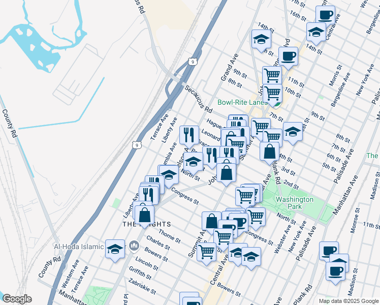 map of restaurants, bars, coffee shops, grocery stores, and more near 139-141 Poplar Street in Jersey City