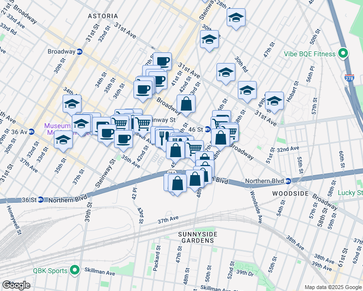 map of restaurants, bars, coffee shops, grocery stores, and more near 32-62 45th Street in Queens