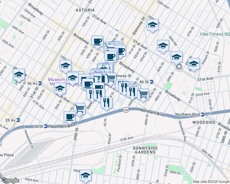 map of restaurants, bars, coffee shops, grocery stores, and more near 34-34 42nd Street in Queens