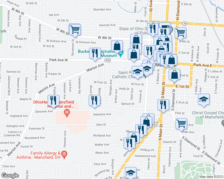 map of restaurants, bars, coffee shops, grocery stores, and more near 111 Sturges Avenue in Mansfield