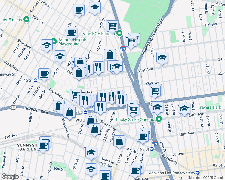 map of restaurants, bars, coffee shops, grocery stores, and more near 32-30 58th Street in Queens