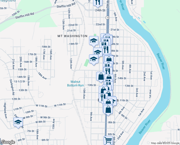 map of restaurants, bars, coffee shops, grocery stores, and more near 1366 9th Avenue in Beaver Falls