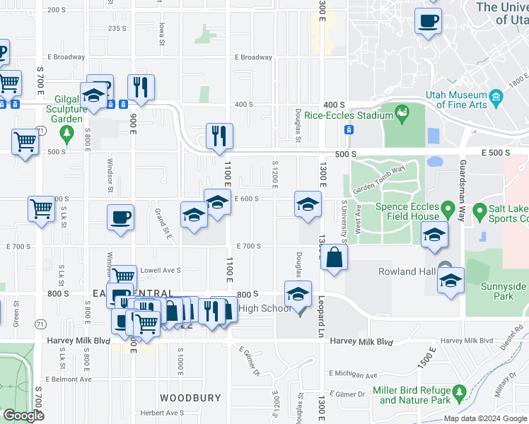 map of restaurants, bars, coffee shops, grocery stores, and more near 651 Elizabeth Street in Salt Lake City