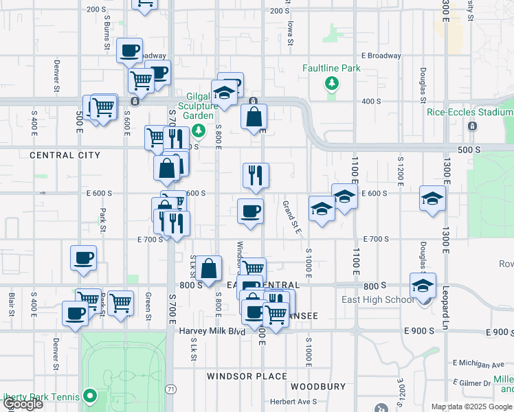 map of restaurants, bars, coffee shops, grocery stores, and more near 646 900 East in Salt Lake City