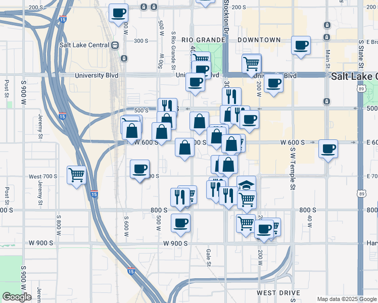 map of restaurants, bars, coffee shops, grocery stores, and more near 634 S 400 W in Salt Lake City