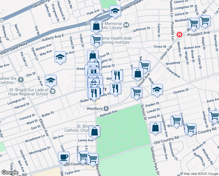 map of restaurants, bars, coffee shops, grocery stores, and more near 351 Scally Place in Westbury