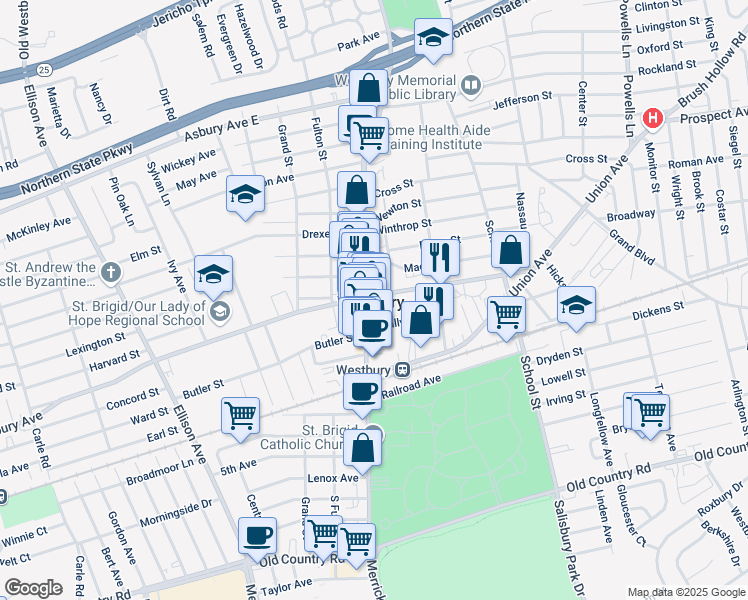 map of restaurants, bars, coffee shops, grocery stores, and more near in Westbury