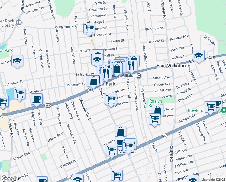 map of restaurants, bars, coffee shops, grocery stores, and more near 102 Custer Avenue in Williston Park