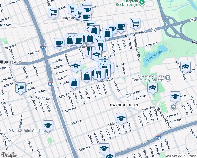 map of restaurants, bars, coffee shops, grocery stores, and more near 48-11 212th Street in Queens