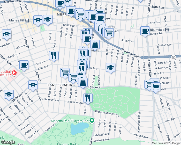 map of restaurants, bars, coffee shops, grocery stores, and more near 4548 164th Street in Queens