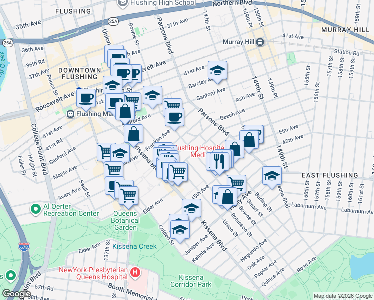 map of restaurants, bars, coffee shops, grocery stores, and more near 141-20 Cherry Avenue in Queens