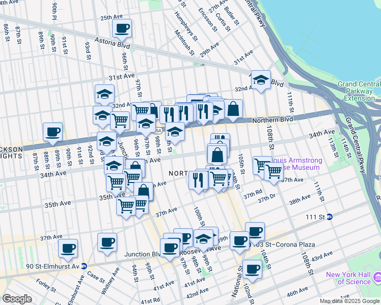 map of restaurants, bars, coffee shops, grocery stores, and more near 34-18 101st Street in Queens