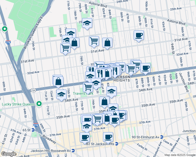 map of restaurants, bars, coffee shops, grocery stores, and more near 80-01 Northern Boulevard in Queens