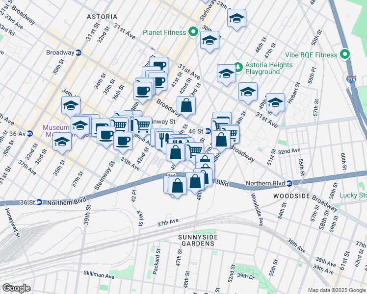 map of restaurants, bars, coffee shops, grocery stores, and more near 32-86 45th Street in Queens