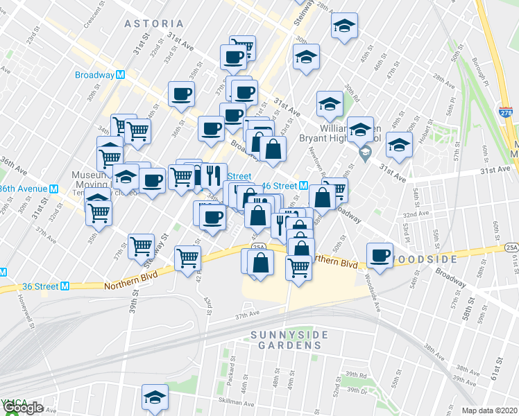 map of restaurants, bars, coffee shops, grocery stores, and more near 32-86 45th Street in Queens