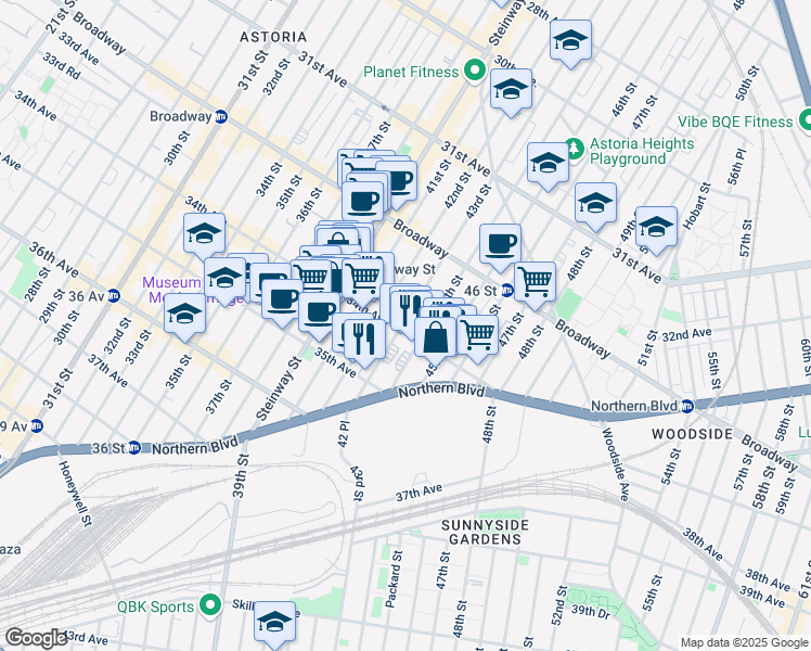map of restaurants, bars, coffee shops, grocery stores, and more near 34-15 43rd Street in Queens