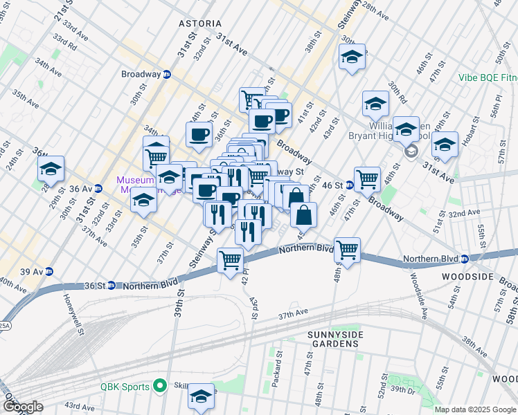 map of restaurants, bars, coffee shops, grocery stores, and more near 34-34 42nd Street in Queens
