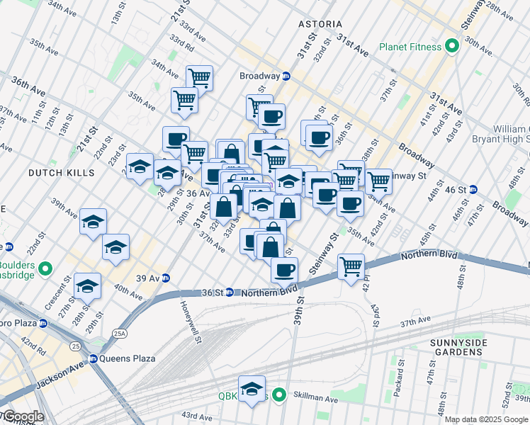map of restaurants, bars, coffee shops, grocery stores, and more near 36-11 34th Street in Queens