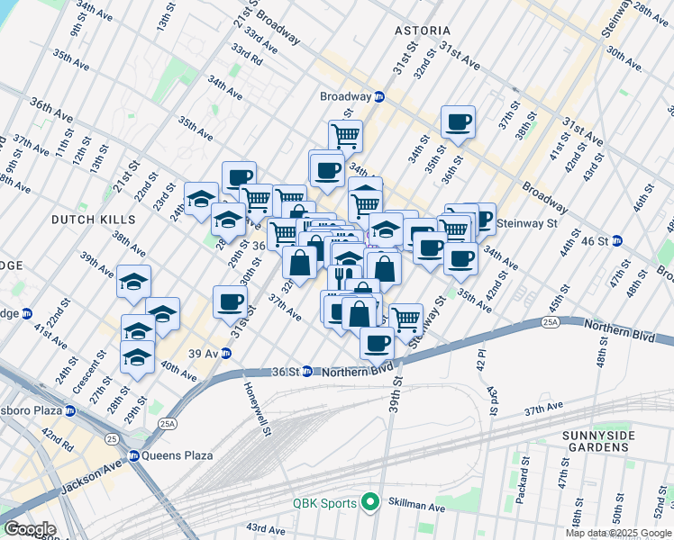 map of restaurants, bars, coffee shops, grocery stores, and more near 36-11 34th Street in Queens