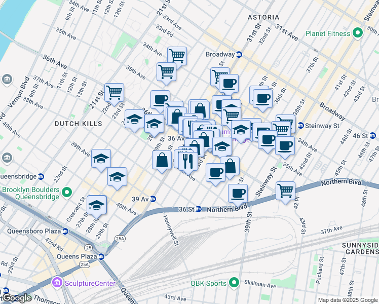 map of restaurants, bars, coffee shops, grocery stores, and more near 36 33rd Street in Queens