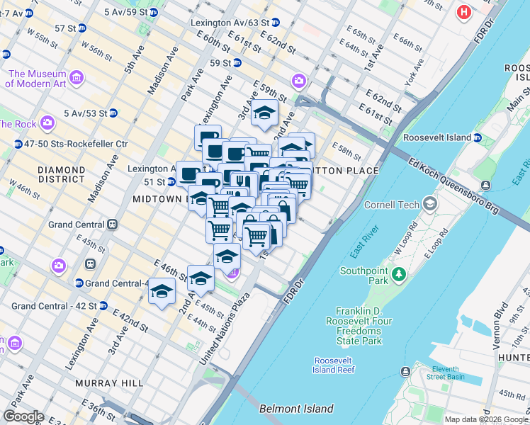 map of restaurants, bars, coffee shops, grocery stores, and more near 335 East 51st Street in New York