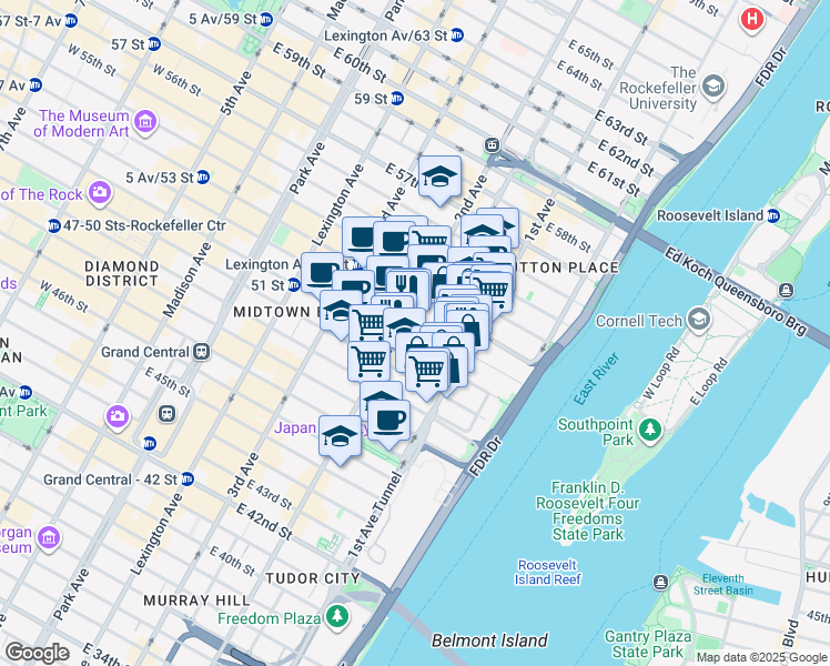 map of restaurants, bars, coffee shops, grocery stores, and more near 335 East 51st Street in New York