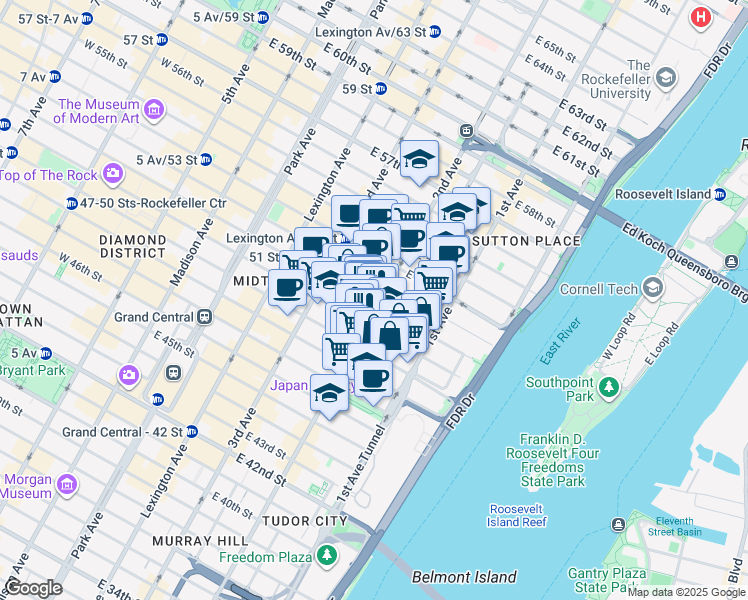 map of restaurants, bars, coffee shops, grocery stores, and more near 249 East 48th Street in New York