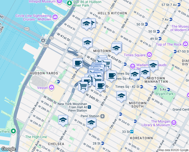 map of restaurants, bars, coffee shops, grocery stores, and more near 462 9th Avenue in New York