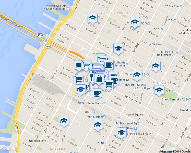 map of restaurants, bars, coffee shops, grocery stores, and more near in New York