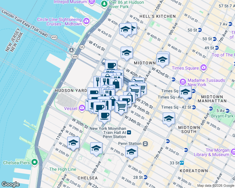 map of restaurants, bars, coffee shops, grocery stores, and more near in New York