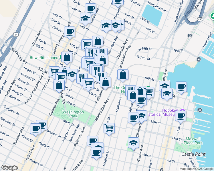 map of restaurants, bars, coffee shops, grocery stores, and more near 600 Palisade Avenue in Union City