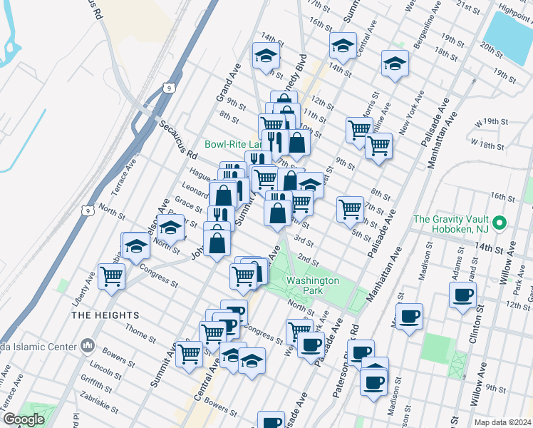 map of restaurants, bars, coffee shops, grocery stores, and more near 23 Leonard Street in Jersey City