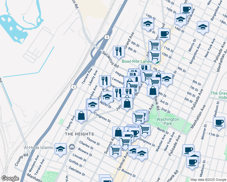 map of restaurants, bars, coffee shops, grocery stores, and more near 105 Poplar Street in Jersey City