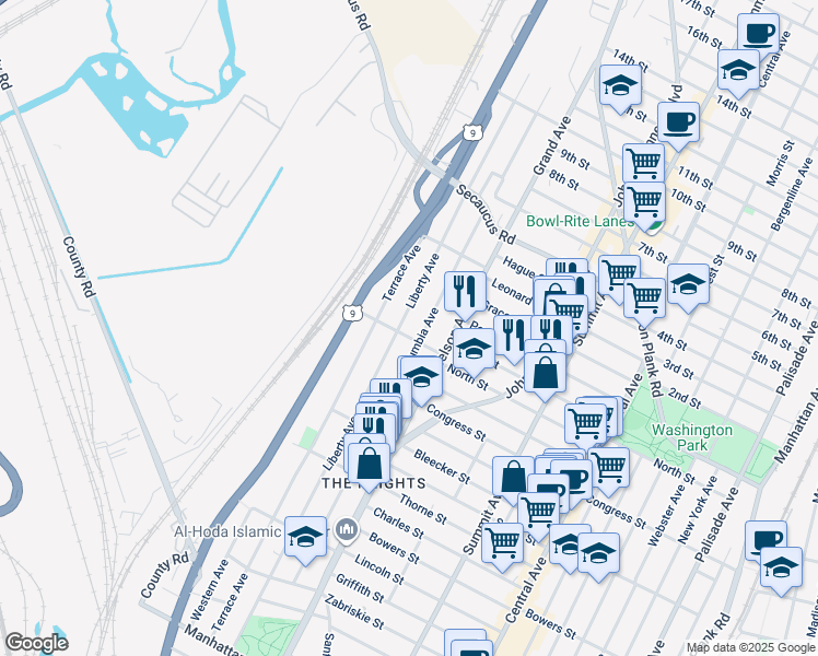 map of restaurants, bars, coffee shops, grocery stores, and more near 208 Columbia Avenue in Jersey City