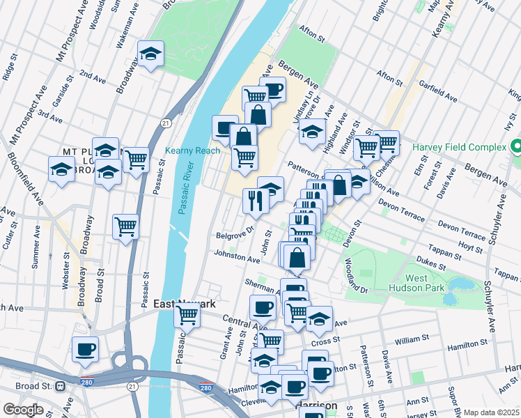 map of restaurants, bars, coffee shops, grocery stores, and more near 57 Belgrove Drive in Kearny