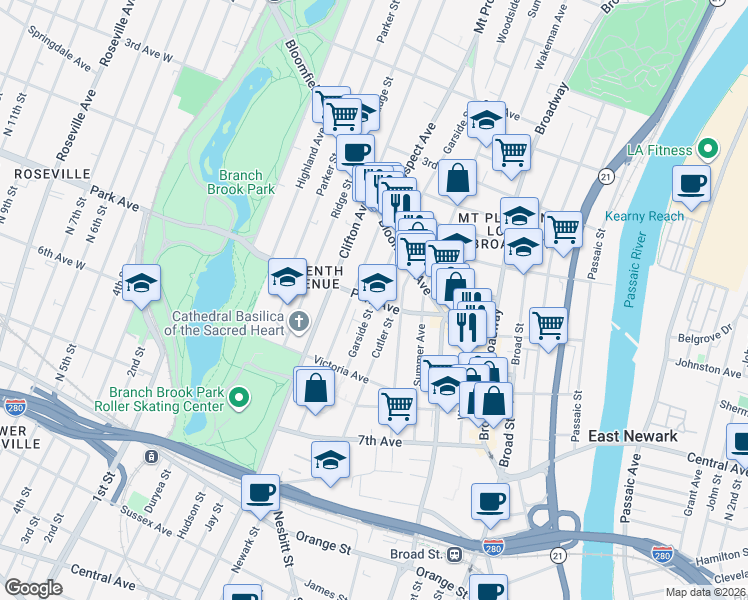 map of restaurants, bars, coffee shops, grocery stores, and more near 105 Cutler Street in Newark