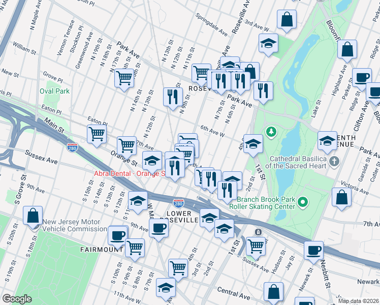 map of restaurants, bars, coffee shops, grocery stores, and more near in Newark