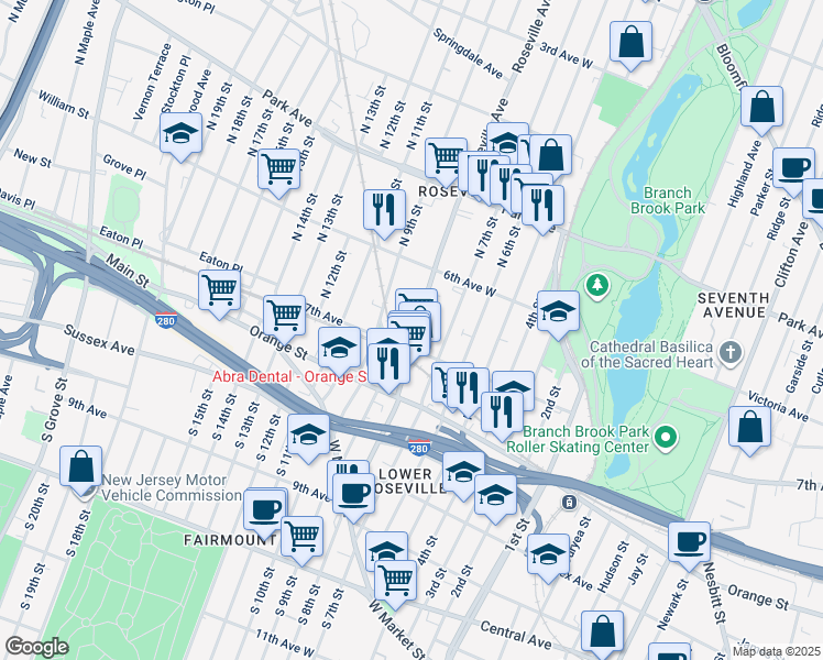 map of restaurants, bars, coffee shops, grocery stores, and more near 122 Roseville Avenue in Newark