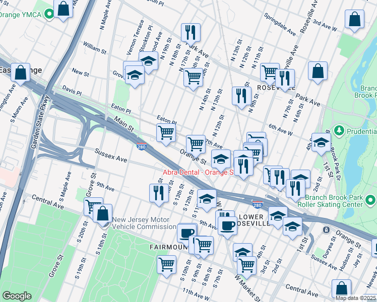 map of restaurants, bars, coffee shops, grocery stores, and more near 594 Orange Street in Newark