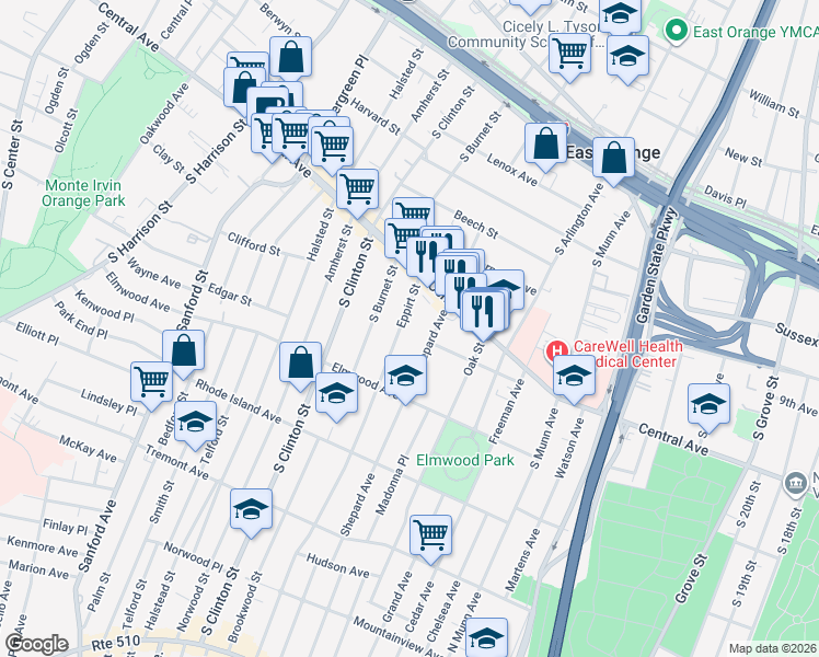map of restaurants, bars, coffee shops, grocery stores, and more near 127 Shepard Avenue in East Orange