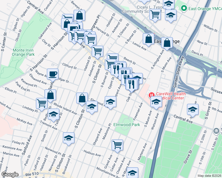 map of restaurants, bars, coffee shops, grocery stores, and more near 127 Shepard Avenue in East Orange