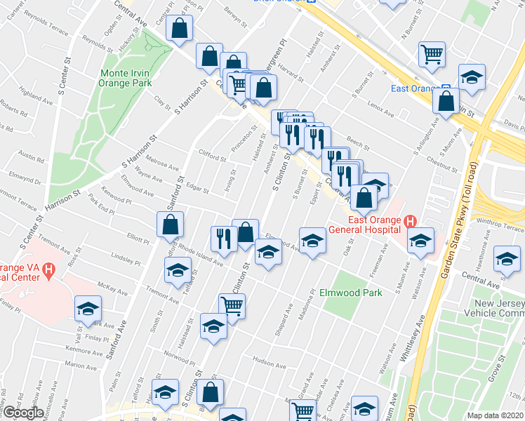 map of restaurants, bars, coffee shops, grocery stores, and more near 297 South Burnet Street in East Orange