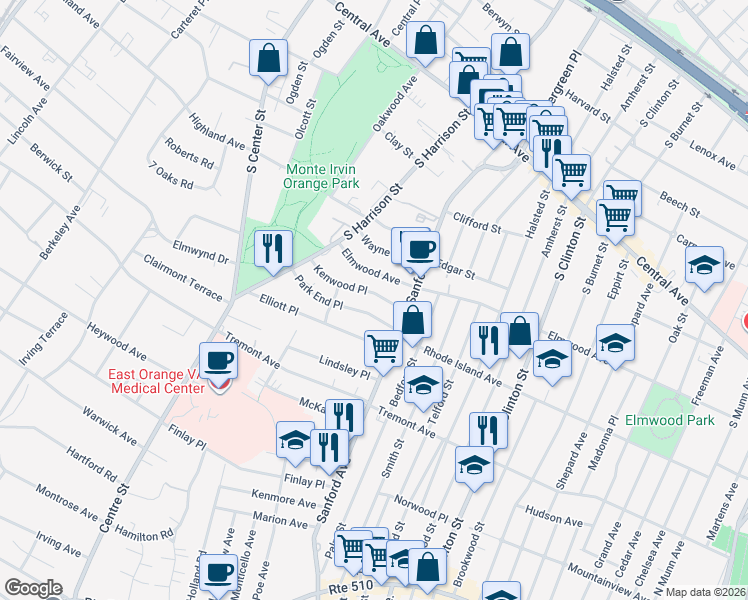 map of restaurants, bars, coffee shops, grocery stores, and more near 12 Park End Place in East Orange