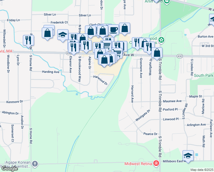 map of restaurants, bars, coffee shops, grocery stores, and more near 1215 Harwood Drive in Mansfield